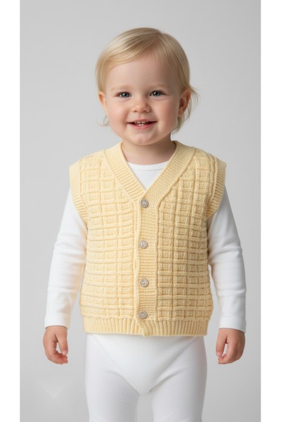 Cenanın Dolabı Kız Çocuk Örgü Triko Yelek – Simli Düğmeli Kare Desenli Süvete...