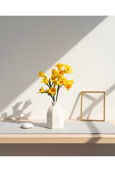 Store El Yapımı Şönil Çiçek (Sarı Nergis) ve Taştozu Vazo Seti - Ev Aksesuarları
