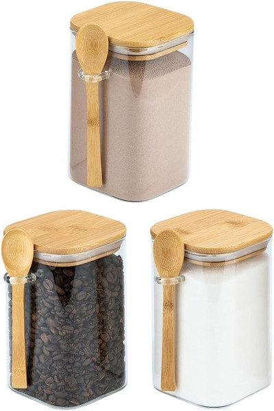4as مجموعة من 3 علب زجاجية مربعة بأغطية من الخيزران وملاعق خشبية (متوسطة)