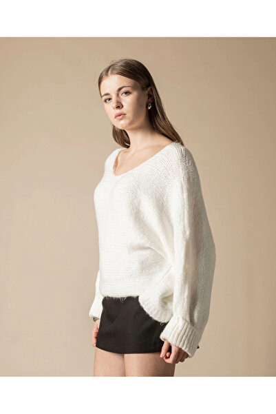 esilamoda Women's Ecru Sleeve Folded Sweater