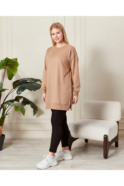 Birol Triko Γυναικείο μπεζ τουνίκ άνοιγμα με αξεσουάρ από κρυστάλλινες πέτρες