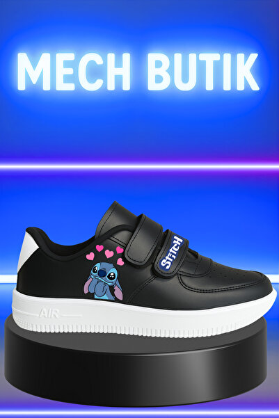 MECH BUTİK حذاء رياضي للأطفال مطبوع عليه ستيتش باللونين الأسود والأبيض