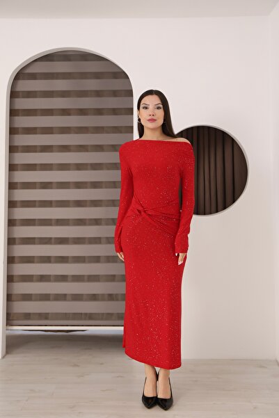 Moda Palmiss Draped Sandy Evening Dress with Boat Neck and Glitter Detail