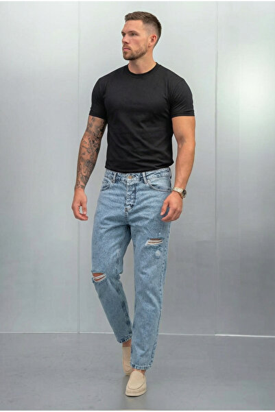 MADZEYMODA بنطلون جينز رجالي من قماش الدنيم الأزرق بتفاصيل ممزقة طراز SD-389