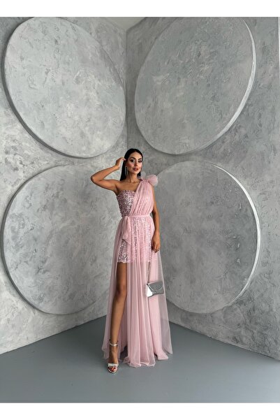 makastar Payetli Mini Abiye Tül Drapeli Asimetrik Tasarım