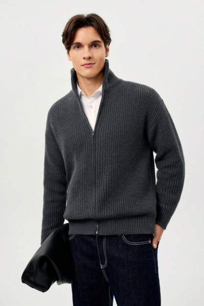 Tarz Cool Men's Smoked Mock Neck Zippered Slim Fit Knitwear Cardigan