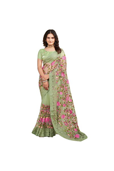 MYSMAR Green Soft Net Saree - PMM17397 | Green