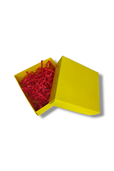 STE Parlak Sarı Hediye Kutusu 12,5x12,5x03 cm - Hazır Yapılı - Kırmızı Kırpıklı