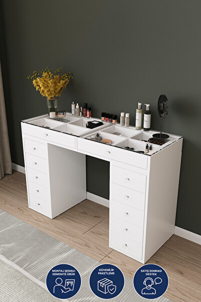 DEKORFİM DF02116B Beyaz Geniş Organizer Bölmeli Çekmeceli Makyaj Masası 120 cm