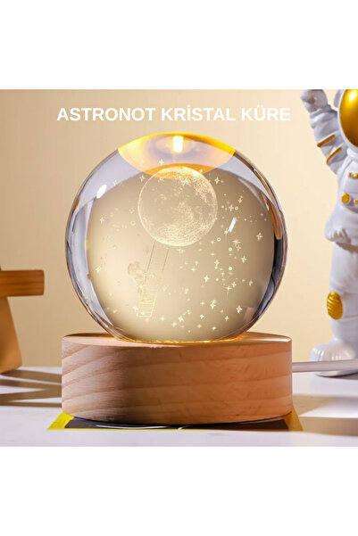 UCUZTEKNO Ahşap Tabanlı 3D Astronot Küre Lamba Çocuk Odası ve Masa Üstü Dekor