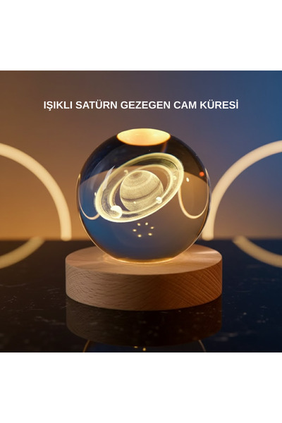 AyrStore 3D Satürn Gravürlü Kristal Küre Dekoratif Led Işıklı Gece Lambası
