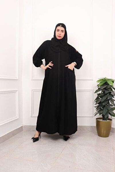 Elena عباية فاطمه – عباية سوداء واسعة بسحاب كامل وجيوب عملية بتصميم كلاسيكي راقٍ