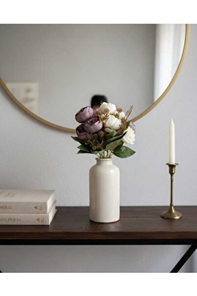 ENRUFLORA Krem Ve Mor Şakayık Gülü 2'li 27 cm Ev Vazo Salon Dekorasyon Aranjman Sevgililer Günü Özel Günler