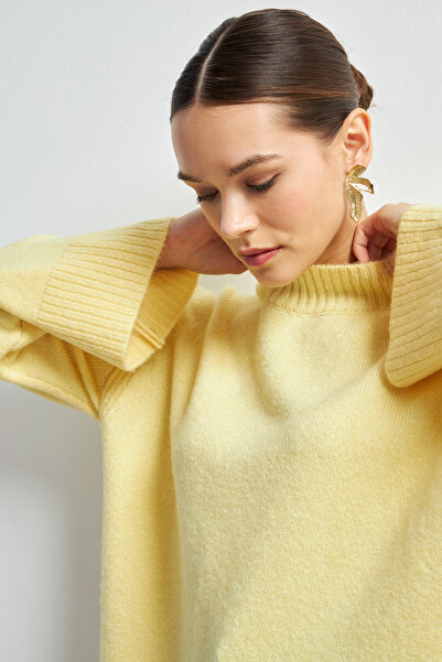 Bipantolon Women's Soft Yellow Turtleneck Soft Textured Basic Sweater
