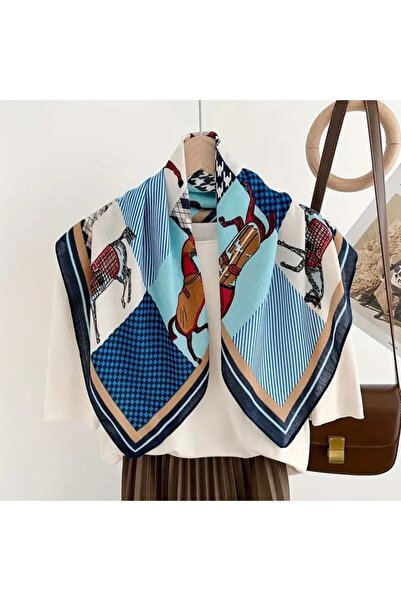 Accessories Hei Blue Horse Patterned Stylish Silk-Look Women's Accessory Scarf Foulard
