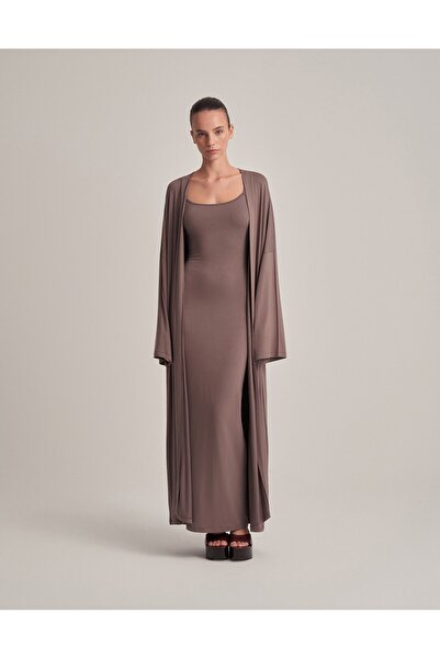 lessandromance KEMERLİ KOMBİNE UZUN KİMONO KOYU VİZON