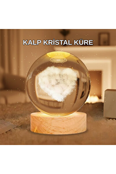 ErturkStore Ahşap Standlı Kalp Motifli Işıklı Cam Küre Hediye Seçeneği