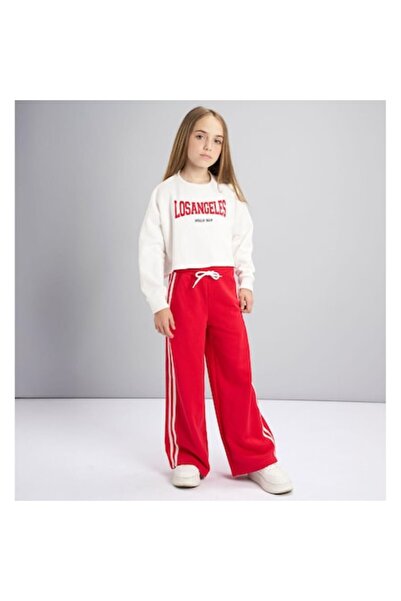 Sarabanda Girls' Tracksuit - Cropped Hoodie & Palazzo Pants, White/Red, 140 cm