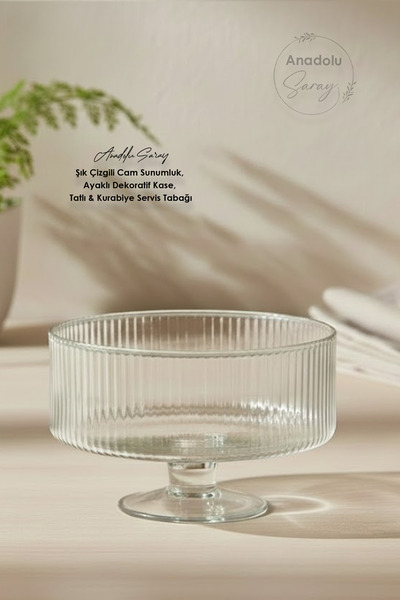 Anadolu Saray Stylish Striped Glass Serving Bowl, Pedestal Decorative Bowl, Dessert & Cookie Serving Plate
