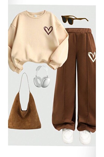 buendiakids Unisex Çocuk Bej Kahverengi Bisiklet Yaka Kalp Baskılı Çimalı Swe...