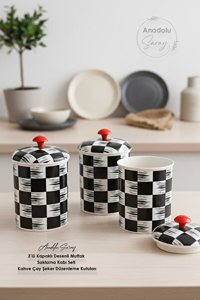 Anadolu Saray Set of 3 Patterned Kitchen Storage Containers with Lids Coffee Tea Sugar Organizing Boxes