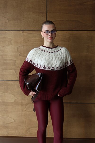 FEHUBLOOM KADIN BORDO BİSİKLET YAKA DESENLİ OVERSİZE KAZAK