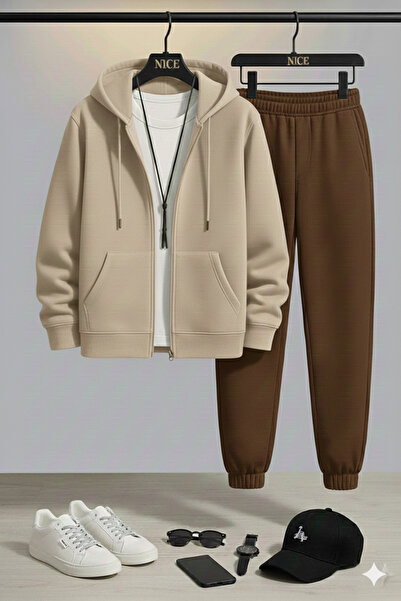 NİCE ERKEK FERMUARLI KAPÜŞONLU EŞOFMAN TAKIMI|Rahat Kesim,Spor Giyim,Günlük Kombin,Cepli Hırka-Jogger Alt
