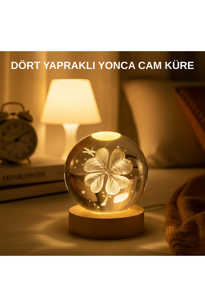 teknotrust Preminyum USB Bağlantılı Yonca Bitkili Cam Küre Ahşap Altlıklı Dek...