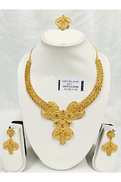 Generic Gold Plated Wide Floral Choker: Layered Petals, Netted Band, Earrings & Adjustable Ring Set