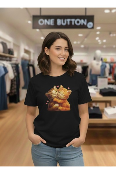 one button تي شيرت للجنسين بتصميم خاص على شكل قطط لطيفة، تي شيرت عادي برقبة د...