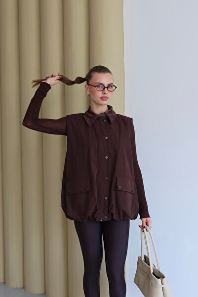 FEHUBLOOM KADIN Kahverengi Kadife Yaka Detaylı Yelek