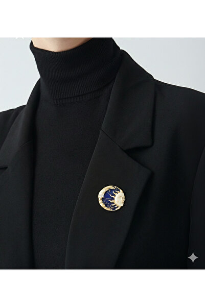 AGAPI Güneş & Ay Yüz Figürlü Lacivert Enamel Broş – Vintage Tasarım Aksesuar