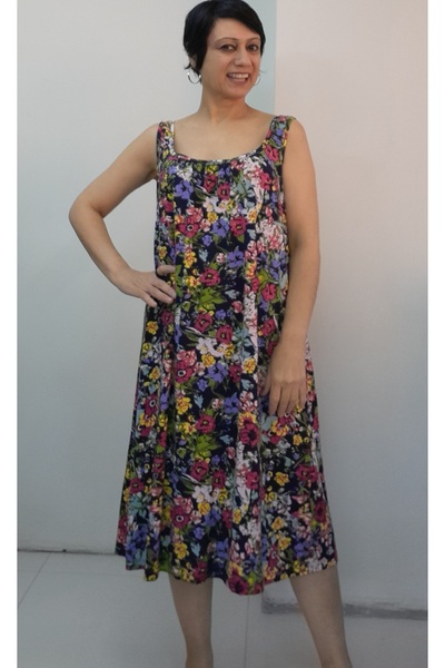 Mertcan Butik Black Pink Lilac Green Floral Print Front and Back Gathered Strap Cotton Viscose Dress