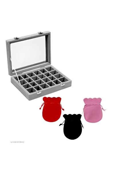 OEM Caseta ornamentala bijuterii, plastic, 20x15x5 cm si set 3 saculeti catif...