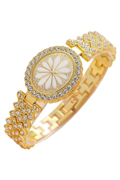 OptimStar Ceas dama, cu cristale, design elegant, casual, clasic, Auriu