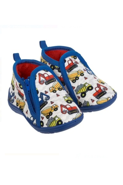 papucidecasa Botoșei pentru Bebeluși Alb–Bleu cu Model Vehicule de Șantier