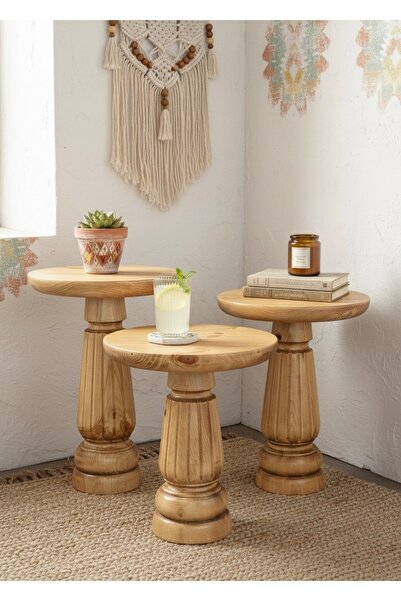 ASELYA HOME Doğal Ahşap 3’lü Set Meşe Renk Mantar Yan Sehpa Modern Fiskos Zig...