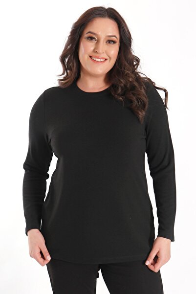 SERTUĞ Trend42Plus Plus Size Basic Crew Neck Black Blouse