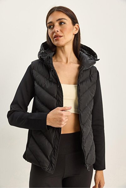 HARMONY GLOBAL Kadın Kapüşonlu Fermuarlı Önü Şişme Garnili Siyah Slim Fit Şişme Mont - Outdoor Mont 2870