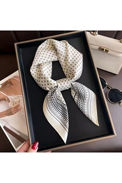 Accessories Hei Cream Patterned Stylish Silk-Look Women's Accessory Scarf Foulard