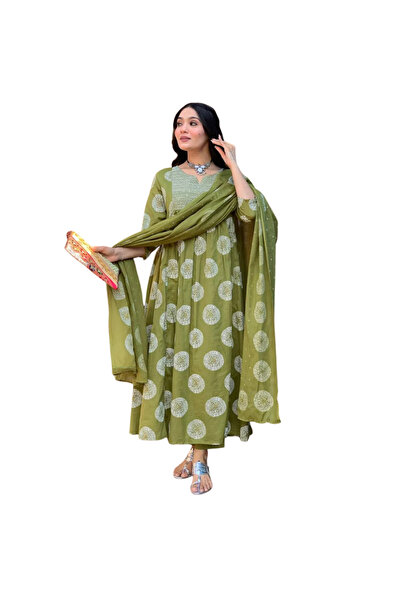 MYSMAR Green Cotton Salwar Kameez & Dupatta Set - ALV2029 | Green
