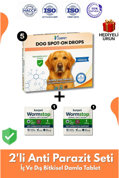 KorPet Köpek Iç Dış Anti Parazit Tüm Köpekler Için Bitkisel 5 Damla Ve 2 Tabl...