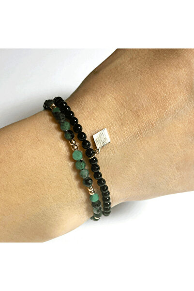 Beejou Brățară din turmalină neagră cu pandantiv în formă de romb - aur galben de 14K