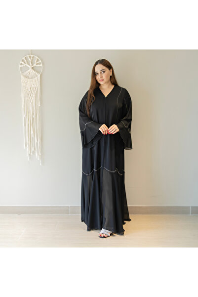 LINELLE عباية سوداء نسائية - أكمام واسعة متعددة الطبقات