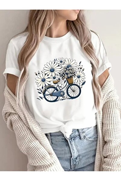 one button تي شيرت عادي بياقة دائرية للجنسين بتصميم الدراجة الهوائية مصنوع من...