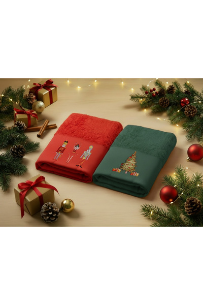 Vintero Home طقم مناشف قطنية 100% بتصميم رأس السنة الجديدة - قطعتان - 50×60 سم