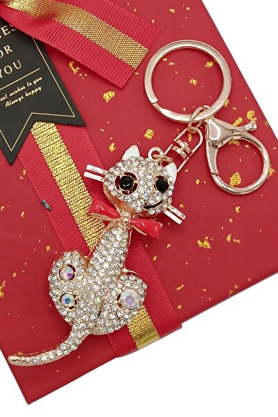 Dünyadan Hediyeler Crystal Stone Red Bow Tie Cat Keychain No.2