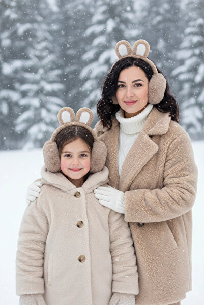 PRVT Kız Çocuk Tavşan Kulaklı Peluş Kulaklık – Bej Yumuşak Kışlık Kulak Isıtıcı, Soğuk Geçirmez