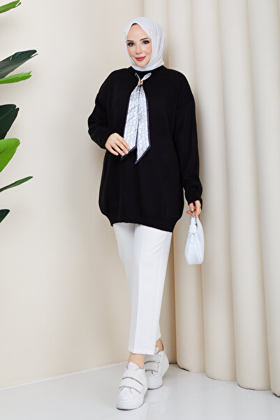 Pamuk Butik Women's Crew Neck Scarf Knitwear Tunic