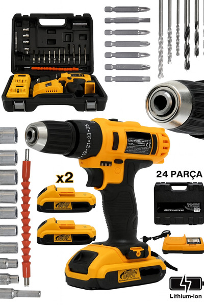 OPTIVEX Şarjlı Matkap 21 V Darbeli Çift Li-on Akü 24 Parça Uç Hediyeli